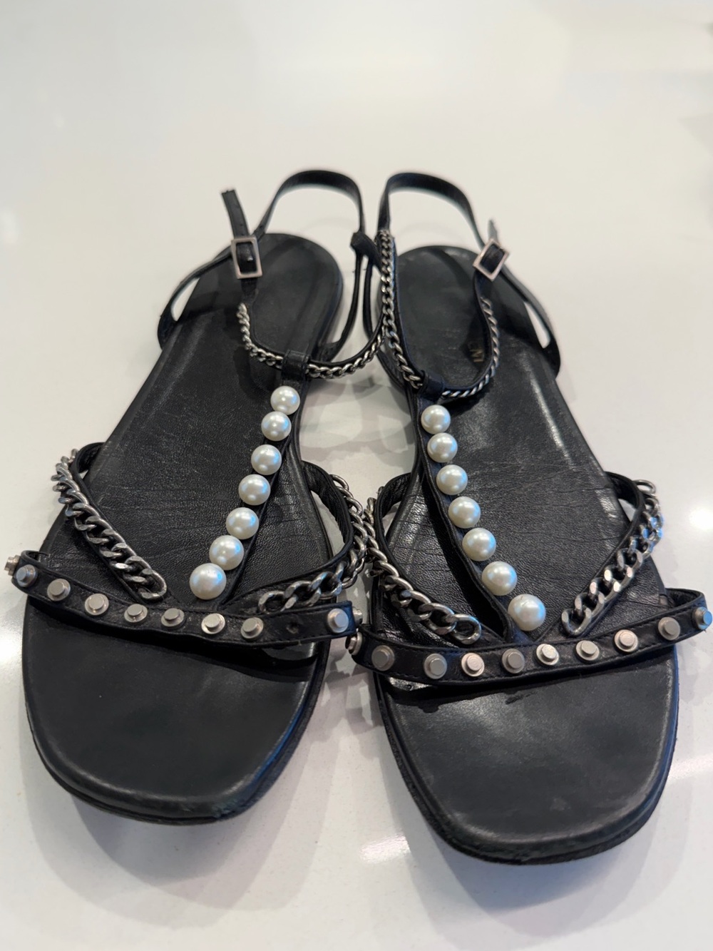Saint Laurent Pearl Chain Black Studded T-Strap Flat Sandal Size 38